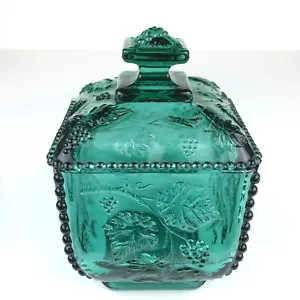 Fenton Glass Spruce Green Emerald Candy Dish With Lid Grape Leaves Vintage - Picture 1 of 10