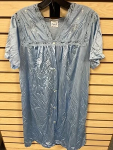 Vintage Carole Nightgown Robe Medium Blue Lace Trim Nylon Short Sleeve Button - Picture 1 of 7