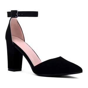 BLACK NUBUCK Size 6.5 Ankle Strap Women Shoes Heel Modern Casual Dressy Pointy - Picture 1 of 4