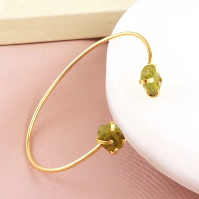 Raw Birthstone Green Peridot Yellow Gold Plated Prong Set Adjustable Open Bangle - Image 1 of 4