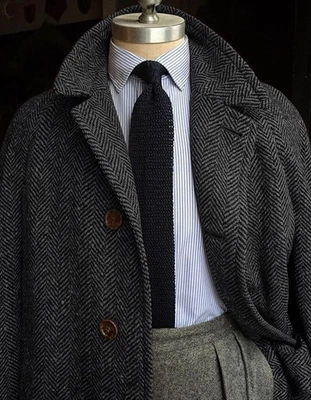 Hombres Abrigos con Cinturón Espiga Mezcla de Lana Abrigos Largos Tweed Ropa Exterior de Negocios Foto 1 de 4