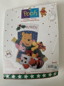 1999 Winnie Pooh Caroling Friends 18" Christmas Stocking Pattern 84146 Bucilla - Picture 1 of 8