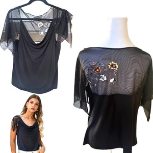 90'S NECESSARY OBJECTS WITCHY GOTH SHEER PANEL BLACK EMBROIDERED BLOUSE S/M - Picture 1 of 6