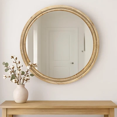 30" Round Wood Wall Mirror Beaded Frame - Farmhouse French Country Style - Image 1 of 4