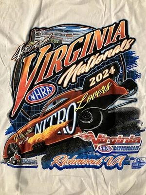 Camiseta blanca NHRA DRAG RACING OFICIAL 2024 VIRGINIA NATIONALS talla 2X Foto 1 de 4