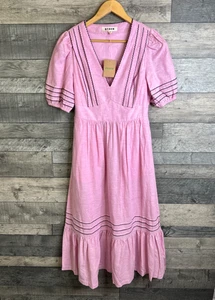 Boden Linen Midi Dress Size UK 10 Pink Smocked Waist Boho Tiered Embroidered - Picture 1 of 10