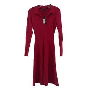 Tommy Hilfiger Women Red Midi LS Knit Sweater Dress XS Petite Cotton NWT - Picture 1 of 5