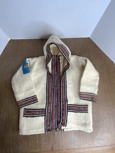 Vintage Rare Unique Nepal Children’s Wool Ivory Hooded Cardigan Jacket Coat - Picture 1 of 8