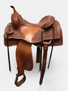 Western Quadratisches Muster Sattel 16" Öko-Leder Büffel Trommel Farbstoff Finish - Bild 1 von 5