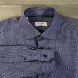 Camisa de vestir ETON para hombre talla 17 contemporánea azul geométrico algodón cuello extendido - Imagen 1 de 11