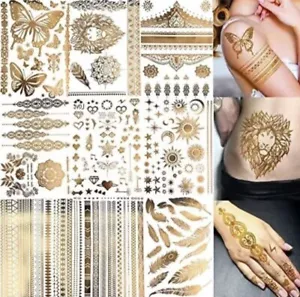 Bilizar 9 Hojas 110+ Diseños Flash Dorado Tatuajes Temporales Metálicos Para Mujer - Imagen 1 de 3