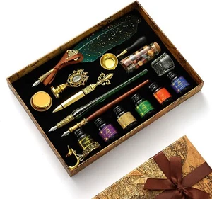 Feather Calligraphy Pen and Ink Set with Vintage Writing Keel Pen Glass Dip - Picture 1 of 9