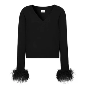Adrienne Landau Black Round Neck Sweater with Feathered Cuffs - Picture 1 of 3