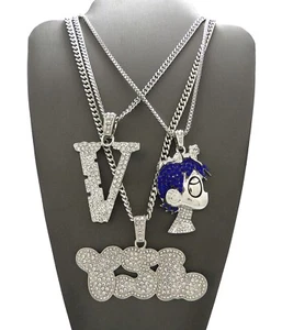 New Mens Ice Bling Lil Uzi Vert 3 Chain Set Cuban & Box Necklace Rhodium Plated - Picture 1 of 4
