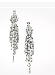 Long Clear Rhinestone Earrings Shoulder Duster Dangle Fringe Silver-tone 3 1/4” - Picture 1 of 2