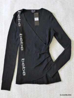 BEBE Women M V-neck Asymmetric Side LOGO Surplice Faux Wrap Ribbed Knit Sweater - Image 1 of 4