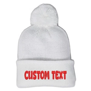 Custom embroidered pompom beanie hat (white), custom pom beanie - Picture 1 of 5
