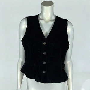 Marsh Landing Black Leather Vest Ribbed Cotton Back Button Front Size M Y2K 90s - Picture 1 of 10