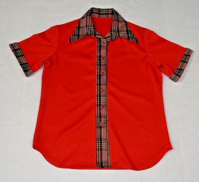 Vintage Collared Shirt Size M 60s Orangey Red Plaid Trim Button Up Mod Tunic - Image 1 of 4