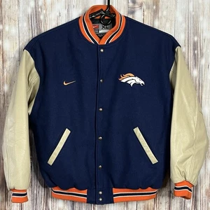 Chaqueta de bombardero universitaria vintage Y2K Nike NFL Denver Broncos cuero lana XL ¡LIMPIA! - Imagen 1 de 19