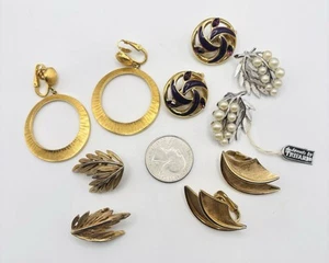 VTG Trifari  Clip Earrings LOT Of 5 Gold Silver Tone Purple Rhinestone Pearl - Picture 1 of 13