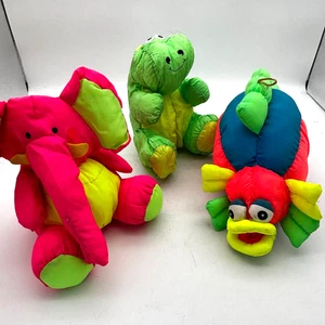 1994 ACE Neuheit Nylon Plüsch Lot Vintage Neon Stofftier Elefant Frosch Fisch - Bild 1 von 6