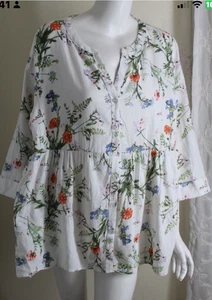 JNY Linen Blend Spring Floral Blouse Sz 1X Fairy Whimsy Button Up Hi Low Hem - Picture 1 of 15