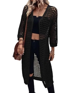 Women'S Hollow Out 3/4 Sleeve Open Front Knit Cardigan Long Sweater Tops S8C6 - Picture 1 of 35
