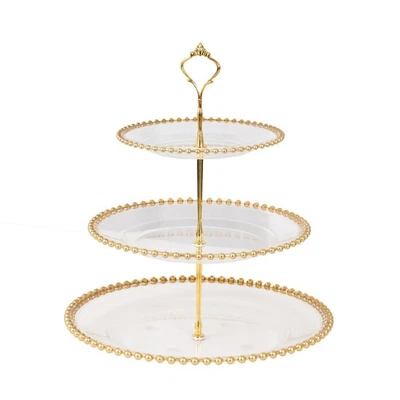 Clear Gold 3-Tier 14" Round Plastic Cupcake Tower Stand Beaded Rim Party Events - Image 1 of 4