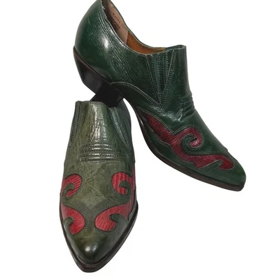 Nine West AVIVA Green Leather Western Cowgirl Ankle Boots Red Pointed Booties - Image 1 of 4