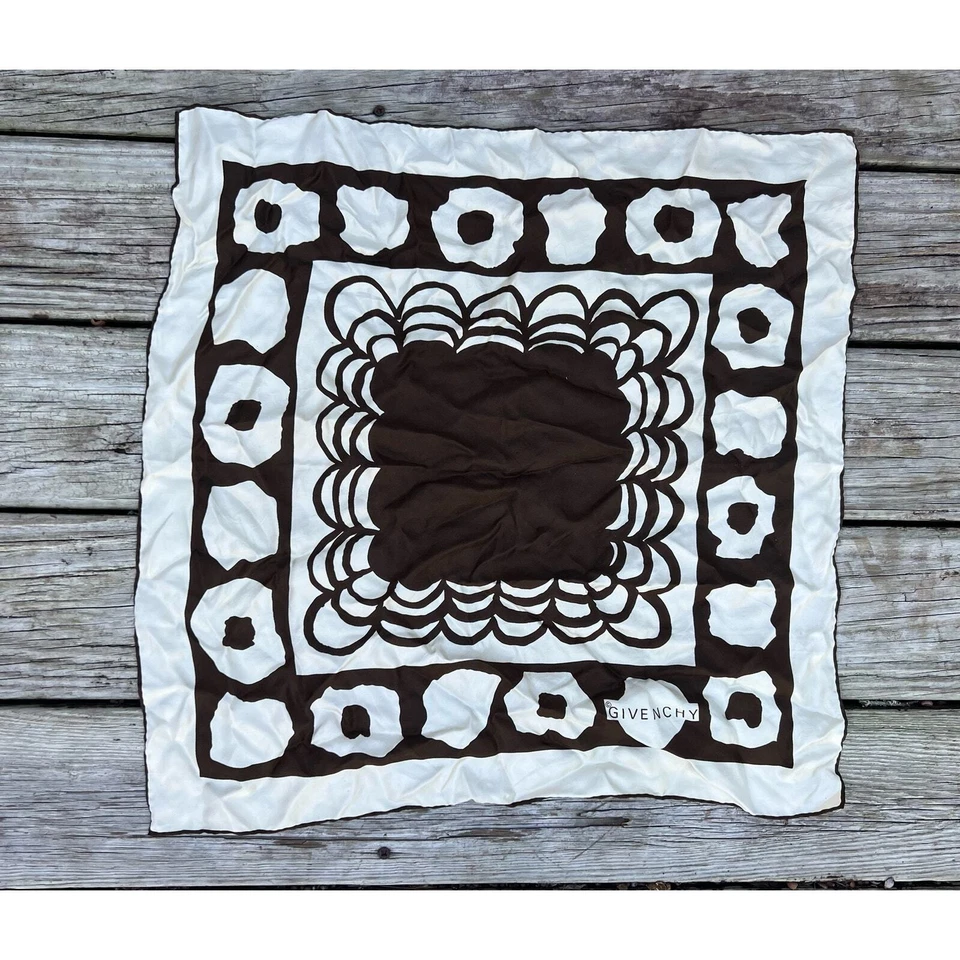 Bufanda de Seda Givenchy Vintage Cuadrada Abstracta Marrón Blanco Retro Diseñador Lunares  Foto 1 de 4