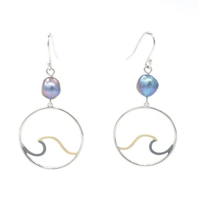 Stainless Steel Hawaiian Ocean Wave Tri Color Freshwater Pearl Earrings - Image 1 of 2