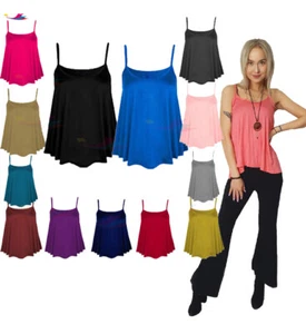 Womens Plain SWING VEST Sleeveless CAMI Top Strappy Flared Printed plus size - Picture 1 of 21