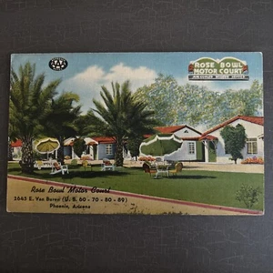 Linen Postcard RETRO ROAD TRIP Lodging ROSE BOWL MOTOR COURT Phoenix AZ 1951 AAA - Picture 1 of 2