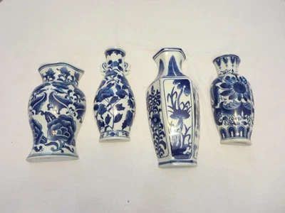 Juego de 4 jarrones vintage de bolsillo de pared con diseño floral azul y blanco porcelana cerámica Foto 1 de 4