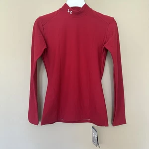 Under Armour Compression Top Women L Long Sleeve Red Base Layer Cold Gear Mock - Picture 1 of 11