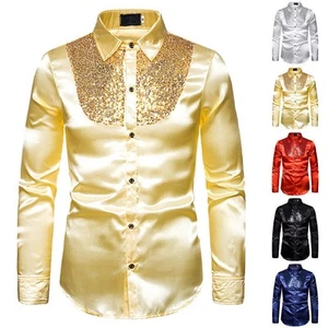 Mens Sequin Glitter Clubwear Party Shirts Nightclub Dance Long Sleeve Tops Shirt - Picture 1 of 17