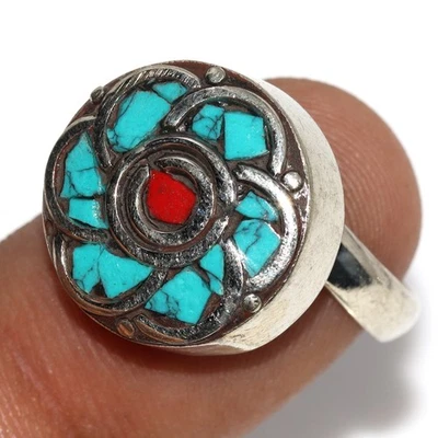 11gms Tibetan Turquoise Red Coral Nepali Tribal Ring Size US FreeSize AU T589 - Image 1 of 3