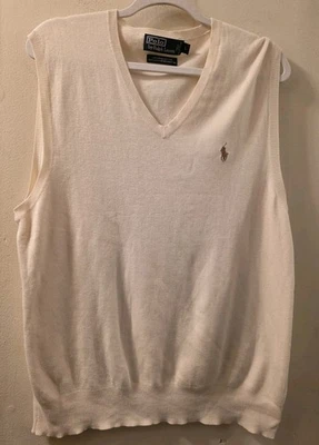Antigo Polo Ralph Lauren Suéter Colete Masculino Marfim Malha Pima Algodão Carne Pônei G - Imagem 1 de 4