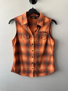 Harley Davidson Y2K Naranja Cuadros Botón Abajo Camisa Sin Mangas Tanque Motociclista Reino Unido XS 6 - Imagen 1 de 13