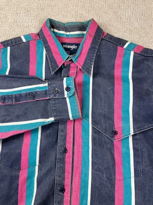 Vintage Wrangler Brushpopper Shirt Large Striped Western Caped Yoke Black Pink - Image 1 of 4