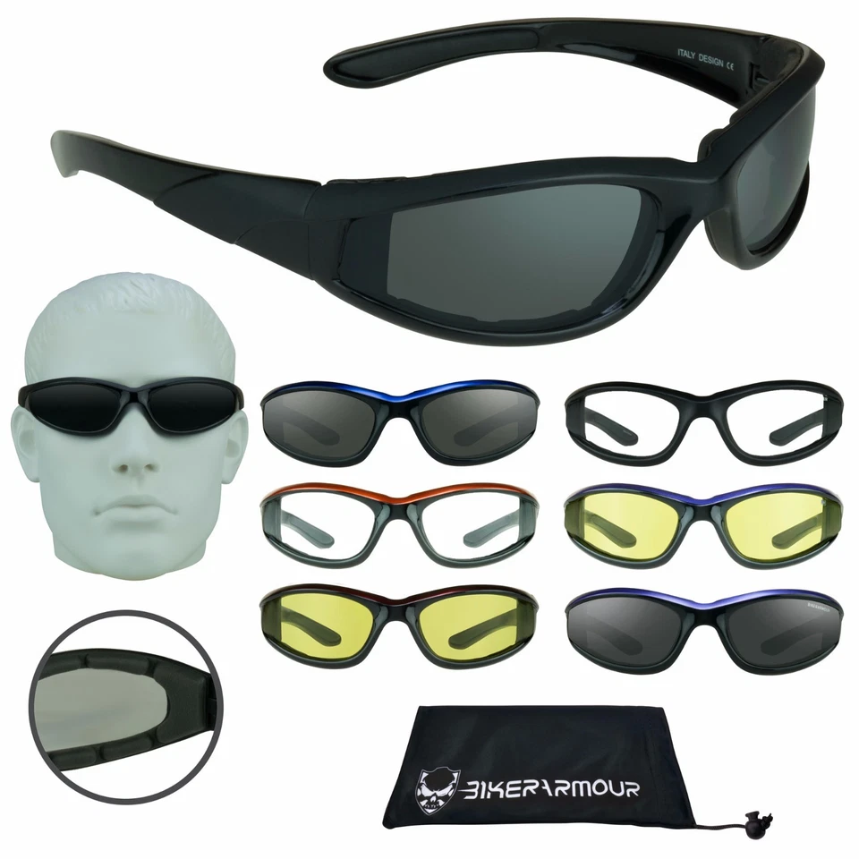 Biker Sunglasses Motorcycle Riding Glasses Foam Padded Blue Orange Red Stripe - Image 1 of 3