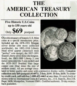 Anuncio impreso vintage 1990 The American Treasury Collection Intl EE. UU. Monedas moneda - Imagen 1 de 2