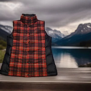 The North Face 700 Puffer Vest Goose Down Red blue Women Medium Plaid - Picture 1 of 6