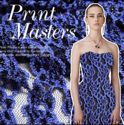 Lace Knit Stretch Mesh Net Jacquard Fabric Floral Blue Black Metallic 61"W 1.3y - Image 1 of 4