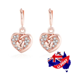 Women's 18K Rose GOLD GP Love Heart Crystal Hoop Dangle Drop Wedding Earrings - Picture 1 of 8