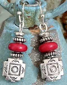Etched Silver and Red Turquoise Southwest Earrings. Santa Fe. Western. - Picture 1 of 3