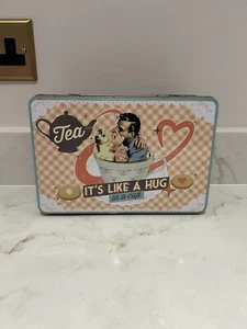 Tea “Hug In A Cup” Hinged Storage Tin Replica Vintage. Pantry Kitchen Cupboard - Picture 1 of 4