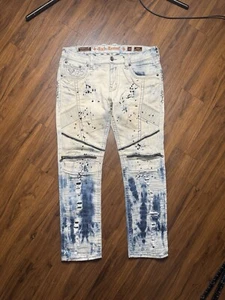 ROCK REVIVAL James Distressed Denim Biker Moto Jeans Mens Size 38x34 Acid Wash - Picture 1 of 10