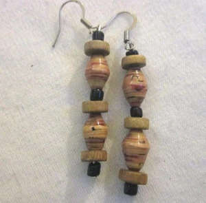 Drop Dangle 2 1/4" Earrings Natural Color Recycled Paper Bead & Wood Silver Wire - Picture 1 of 2